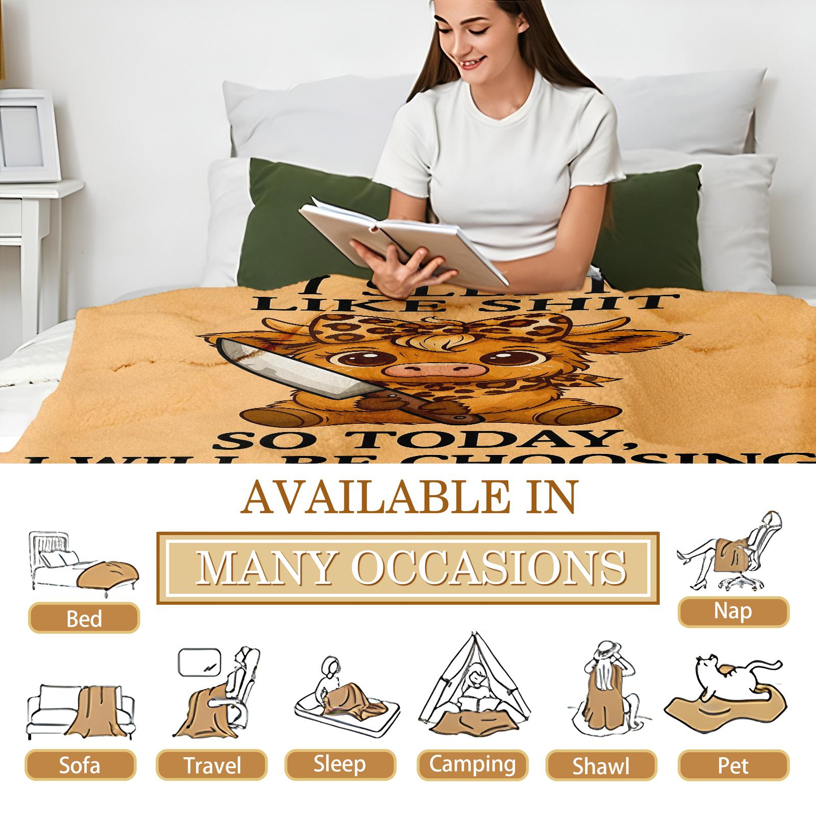 Cute Highland Cow Blanket-"I Slept Like Shit So Today I Choose Violence",Adorable Leopard Print Bow Cow with Knife Funny Quote Design,Perfect for Friends