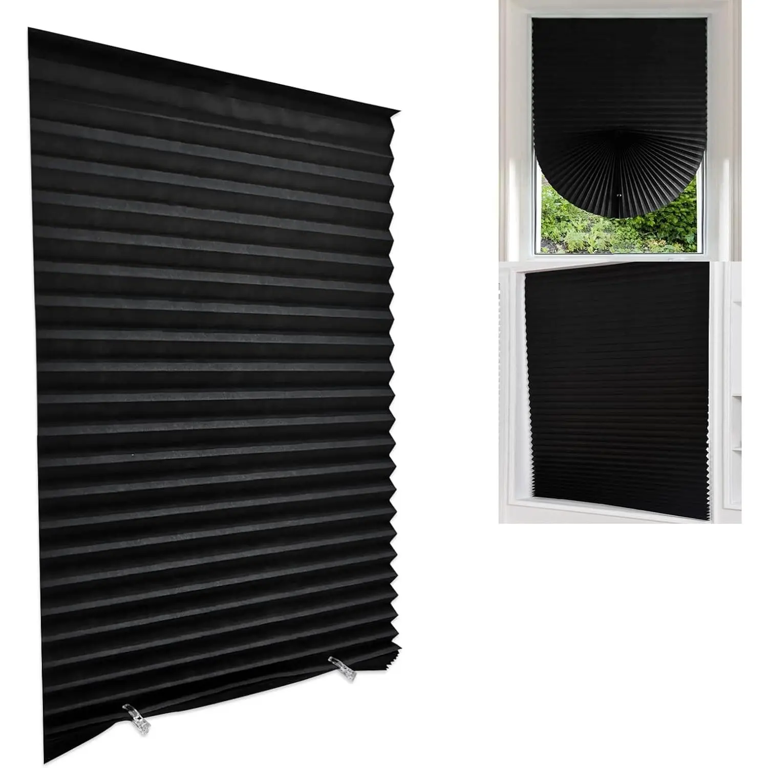 Temporary Window Blinds, Pleated Shades Cordless Fabric Light Filtering Blinds for Windows,Easy to Cut and Install. Black - 1 Pack 24 Inch x 59 Inch