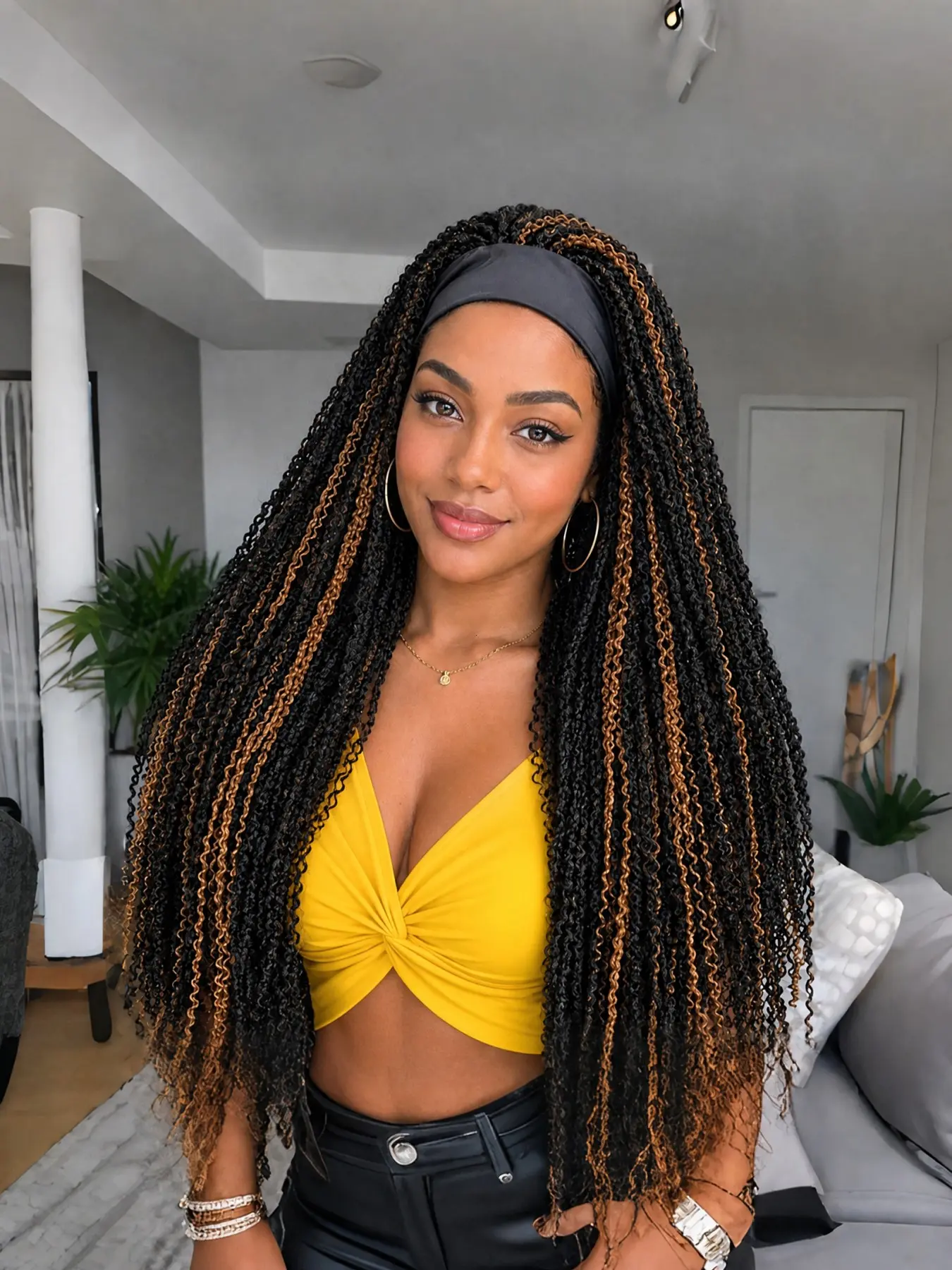Boho Braided Headband Wig 30 Inch Kinky Twist Wig Synthetic Hair zizi braided Black with Brown Highlights Glueless Protective Wig for Black Women