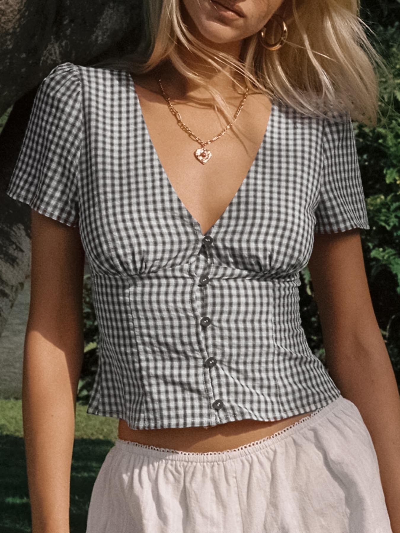 Women's Plaid Print V-Neck Short Sleeve Blouse, Casual Top for Summer, Fashion Women's Top for Daily Wear, Classy Top