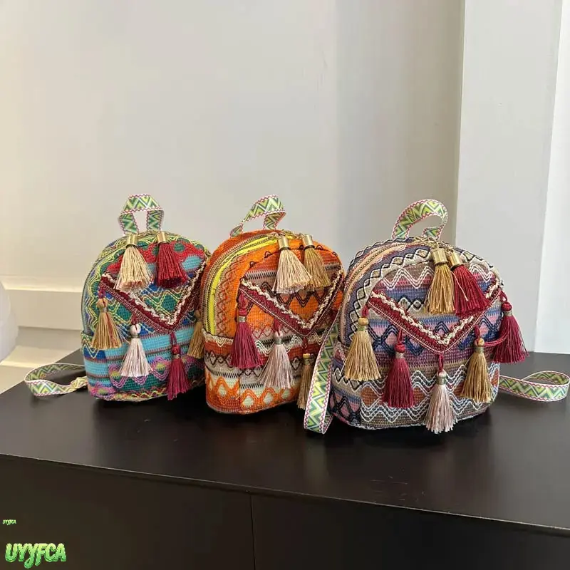 Women's Ethnic Boho Polyester Geometric Woven Convertible Mini Backpack - Multi Tassels Decor, Colorful Jacquard, Adjustable Wide Strap, Lightweight Small Daypack for Summer Beach Vacation, Outdoor Casual Use, Convertible Strap