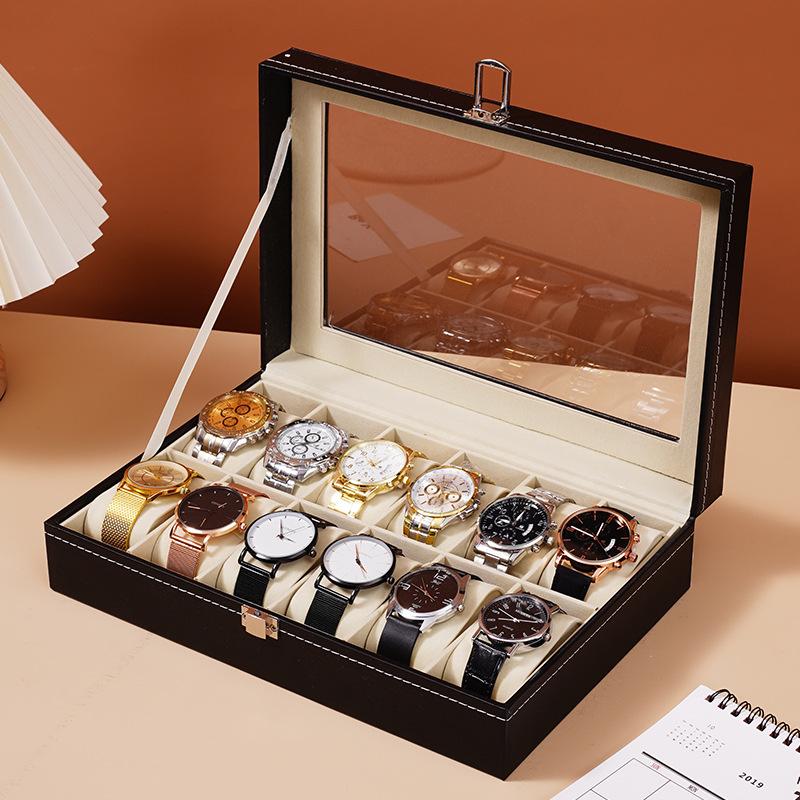 Multi-Slot Watch Display Case Organizer Box, Lockable PU Leather Storage Holder for Men & Women Watches, Durable & Stylish Design