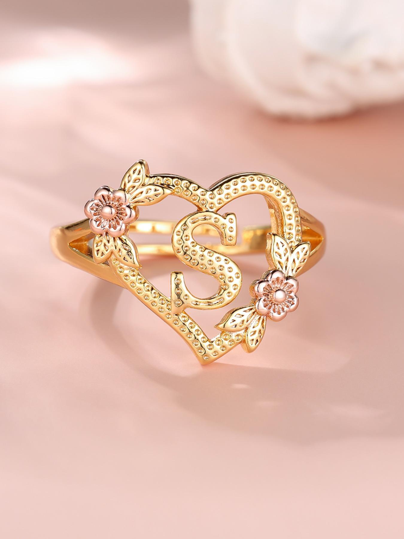 2024 Fashion Flower & Heart Design Ring for Girlfriend, Alphabet Design Ring for Women, Unique Rings Jewelry for Girlfriend for Back To School Fall, Valentine's Day, Statement Ring, Jewelry Gifts, Personalized Jewelry, Adjustable Initial Rings