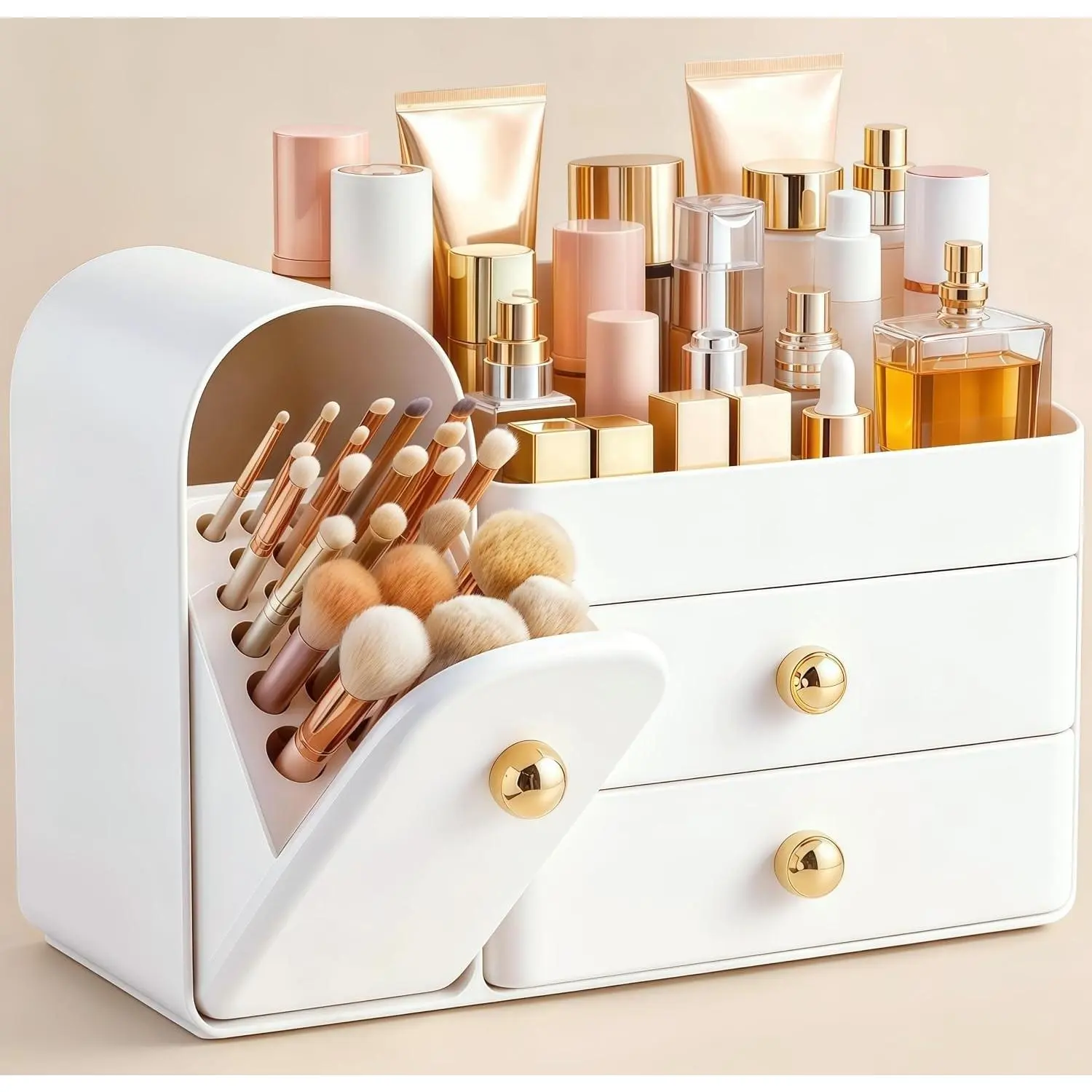 Makeup Organizer Countertop with Drawers, Vanity Organizers with Brush Holder, Bathroom Counter Organizer for Perfume, Nail Polishes, Lipsticks, Skincare and Eyeshadow Palettes, White
