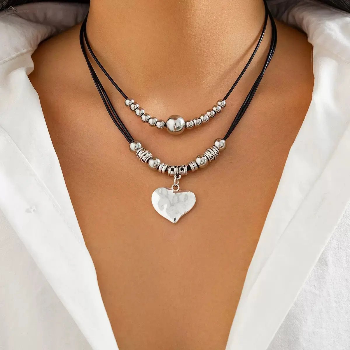 2 Styles Layered Black Leather Cord Choker Necklace 36cm+7cm Extender, Vintage Silver Bead Chain with Heart/Round Tag Pendant, Boho Stackable Neck Jewelry for Daily Casual Outfits