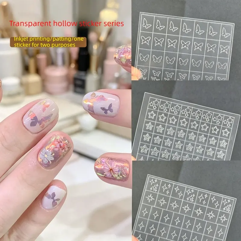 Transparent Hollow Nail Stickers Dual Use Airbrush Stencils Butterfly Star Nail Art Decals