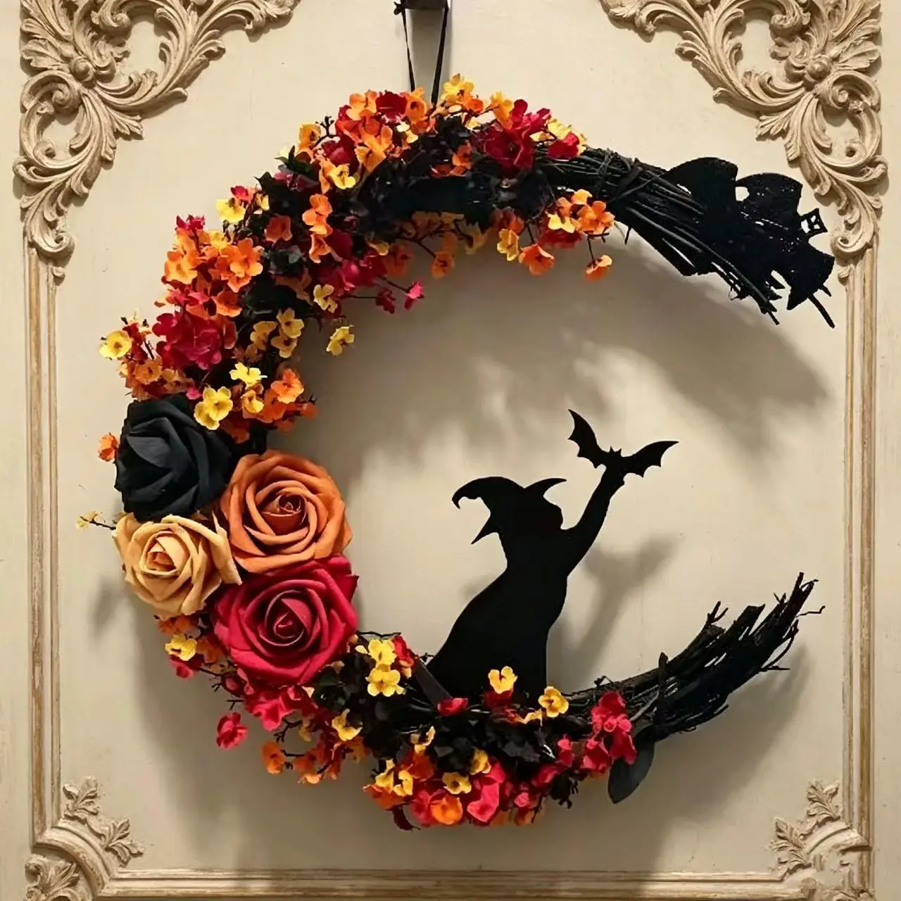 Halloween Moon Cat Wreath, Rose Small Flower Home Door Window Decor, Festive Holiday Decoration, Halloween Easter Festival Ornament