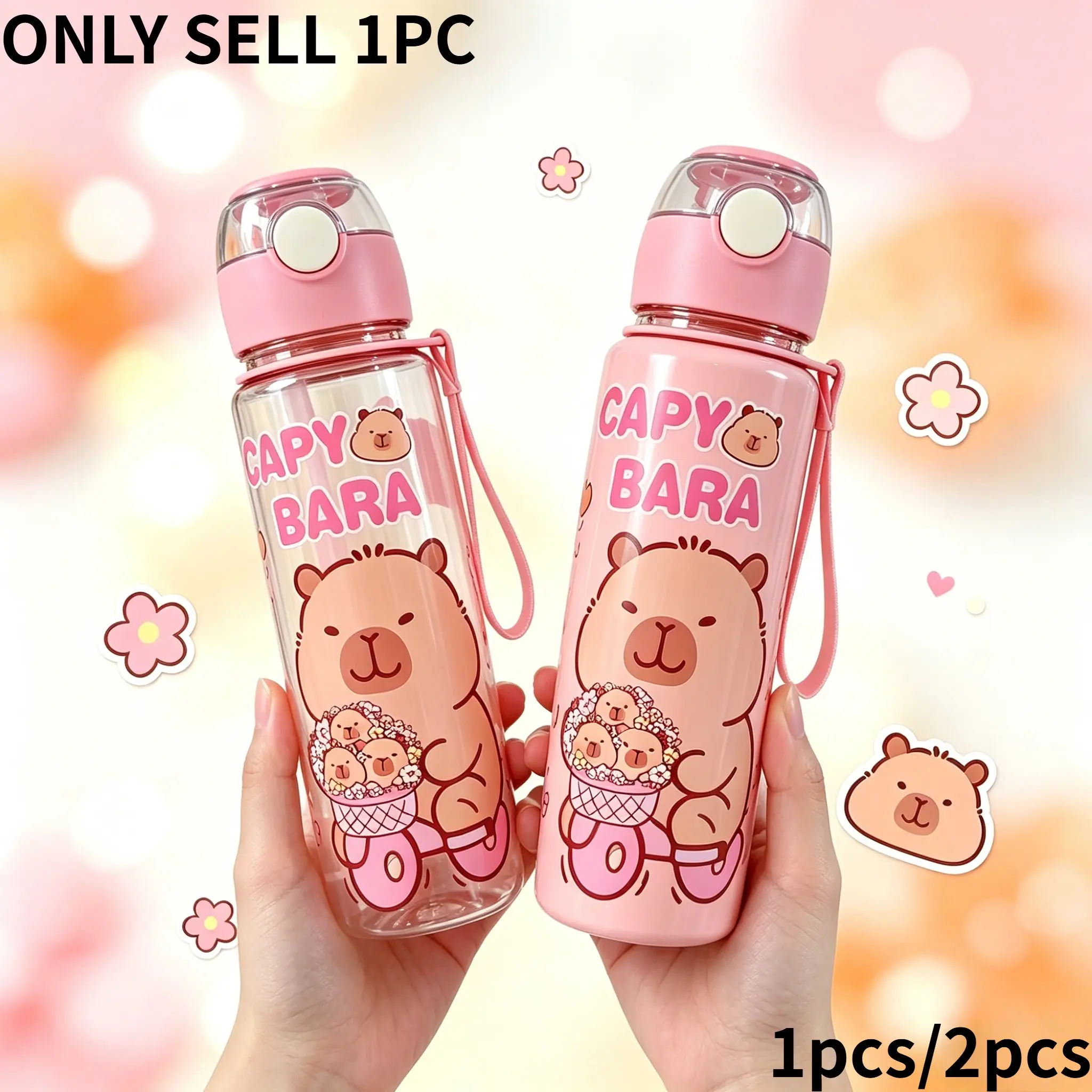 Capybara Print Durable Water Bottle 800ML, Leak-Proof with Straw, Handle and Flip Lid, Ideal for Outdoor, Office, School, Gym, Gifts