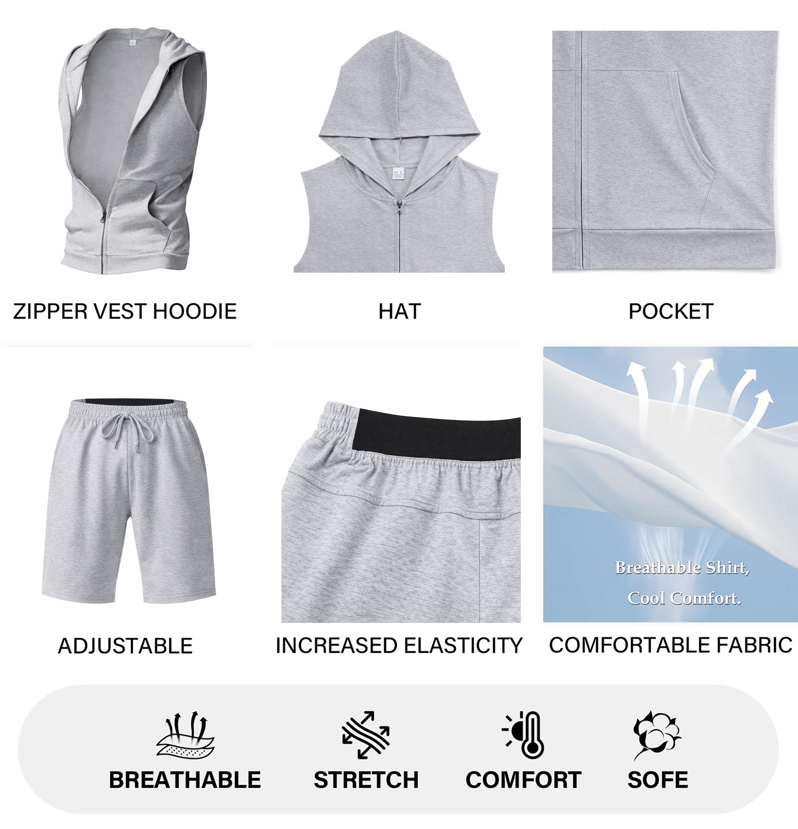 Men's Milano Italy Graphic Sleeveless Hoodie Shorts Set 2 Piece Outfit Milano Letter Print Zip Up Hooded Vest Drawstring Shorts Summer Casual Gym Workout Streetwear Breathable Lightweight Athletic Lounge Set