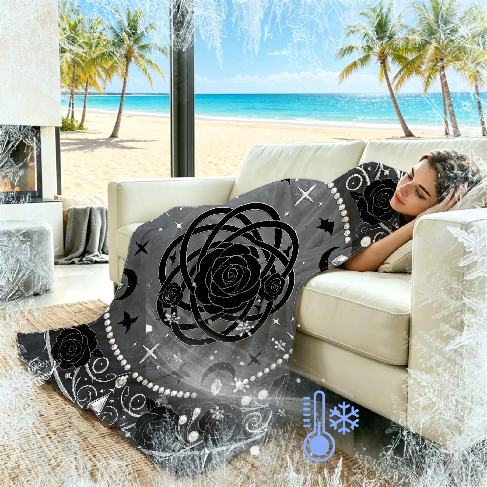 Gothic Black Rose Print Summer Cooling Blanket, Q-MAX>0.3 Instant Cool Fabric, Light Breathable Non-Sticky, Perfect for Air-Conditioned Rooms & Sofa