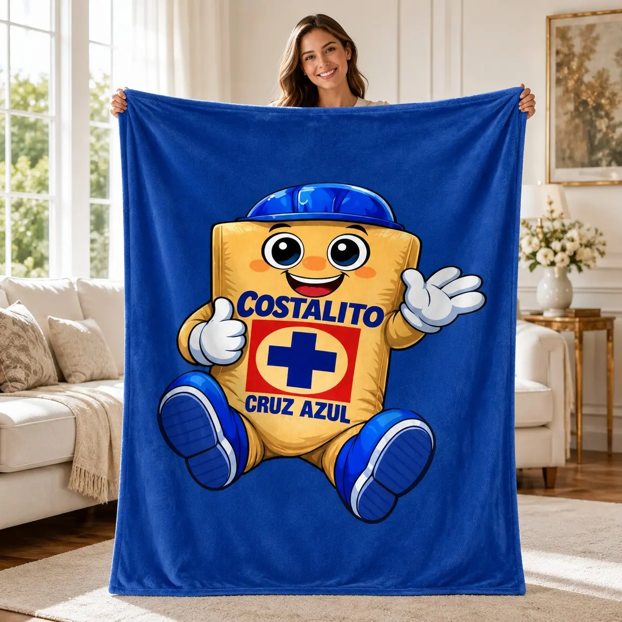 1PC Cruz Azul Team Costalito Cartoon Mascot Print Flannel Blanket, Cartoon Printed Blanket, Soft Skin-Friendly Anti-Pilling Machine Washable Lightweight Warm, Suitable For All Seasons For Home Sofa Rest, Bedroom Naps, Fans Watching Games