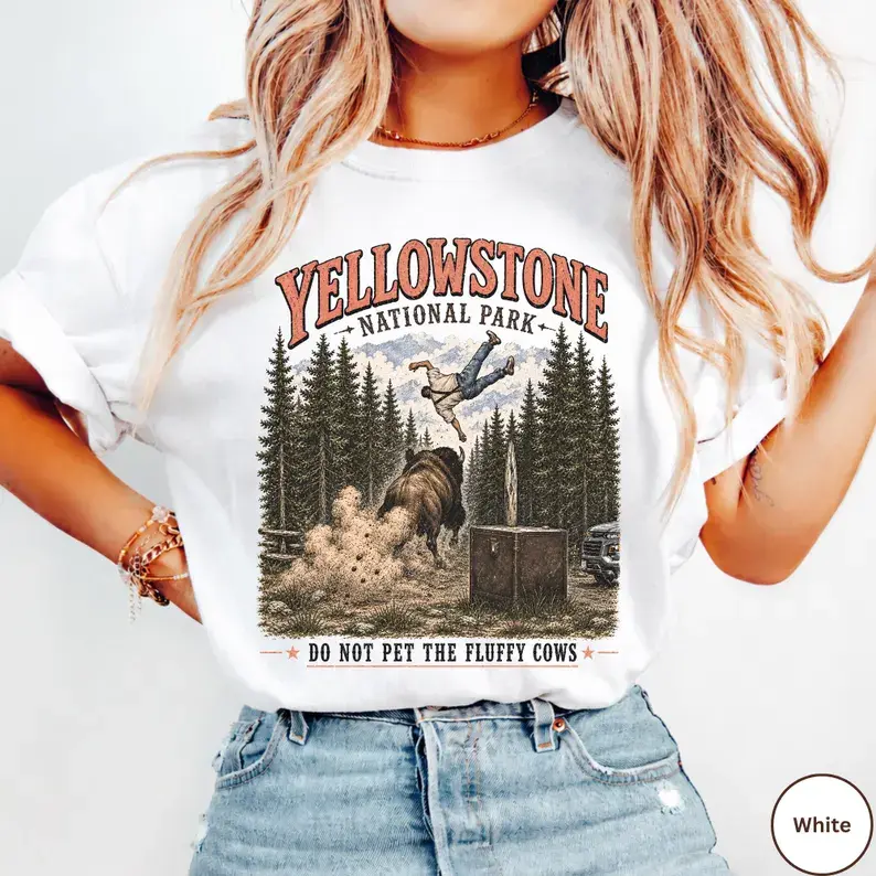 100% Non-Washed Cotton Women Round Neck Tee Vintage National Park Bison Forest Funny Slogan Graphic Loose Tee For Outdoor Camping Road Trip Cute Gift For Nature & Western Style Lovers