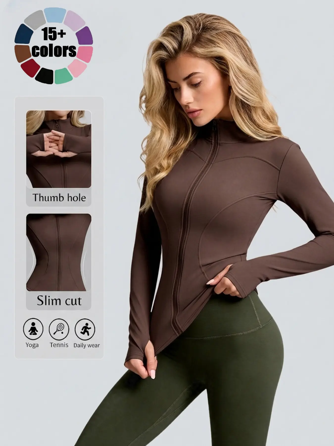 Women High Stretch Stand Collar Thumbhole Fitness Top, Breathable Running Slim Yoga Shirt, Long Sleeve Tight Workout Jacket, Workout Wear