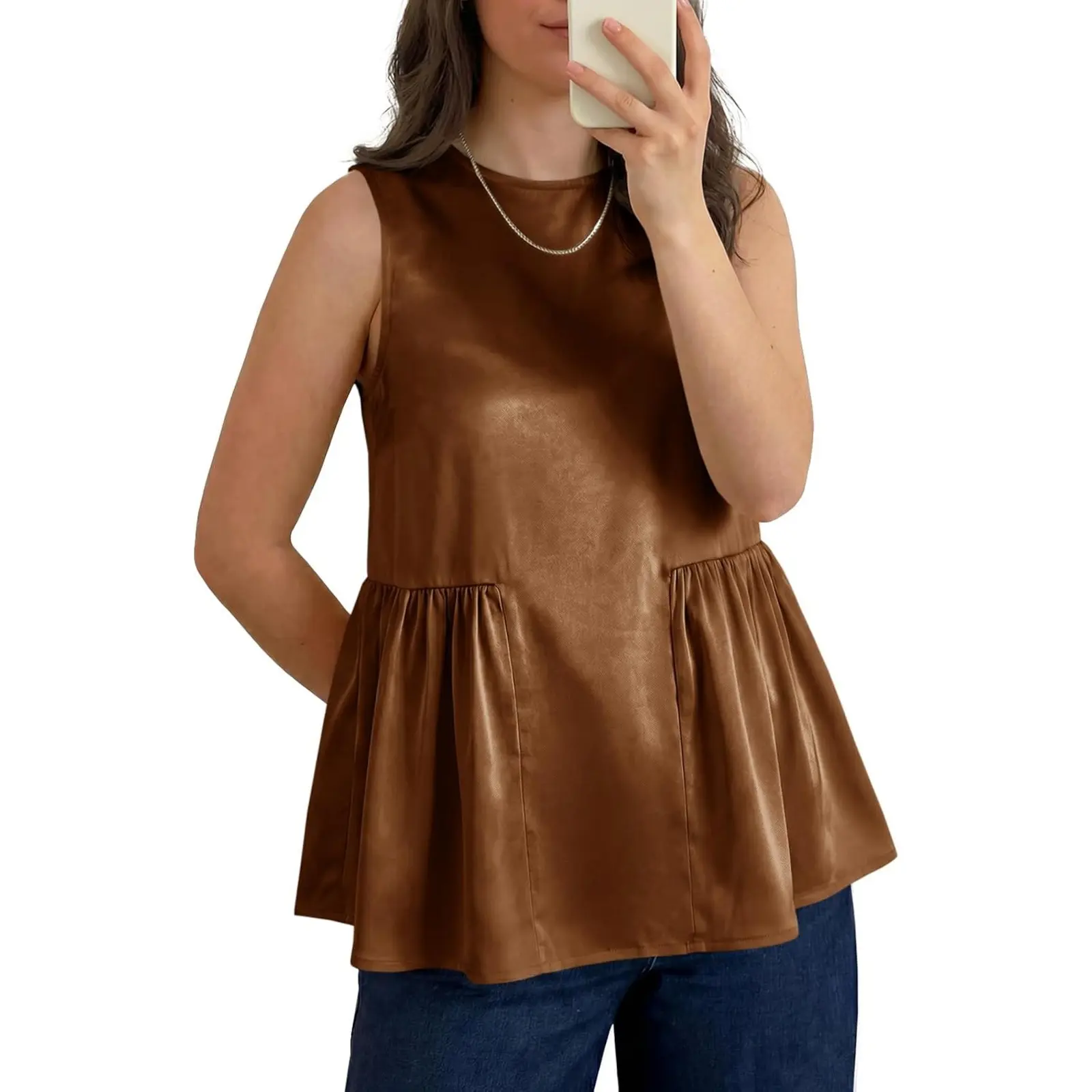 Tankaneo Womens Silk Satin Tank Tops Summer Dressy Casual Babydoll Sleeveless Shirts Peplum Pleated Loose Fit Blouses