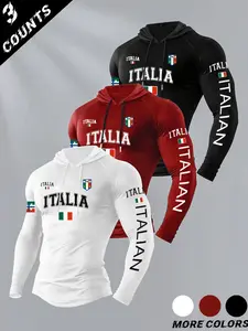 Men's Letter Flag Pattern Print Hooded Long Sleeve T-Shirt, Casual Versatile Top, Daily Fitness Wear, All Seasons