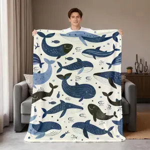 Ocean Whale Flannel Blanket, Soft Breathable  All Season Throw with Blue White Print for Sofa Bed Travel Camping, Machine Washable Gift for Adults and Children, Kid-Friendly Decor