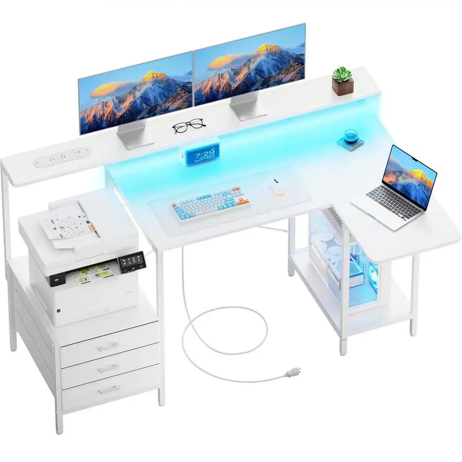 Shaped Computer Desk With LED Lights, Power Outlets & USB Charging Ports, Home Office Desk With Storage Drawers & Open Shelves, Sturdy Metal Frame Writing Study Table Gaming Workstation For Bedroom Living Room Apartment Small Space