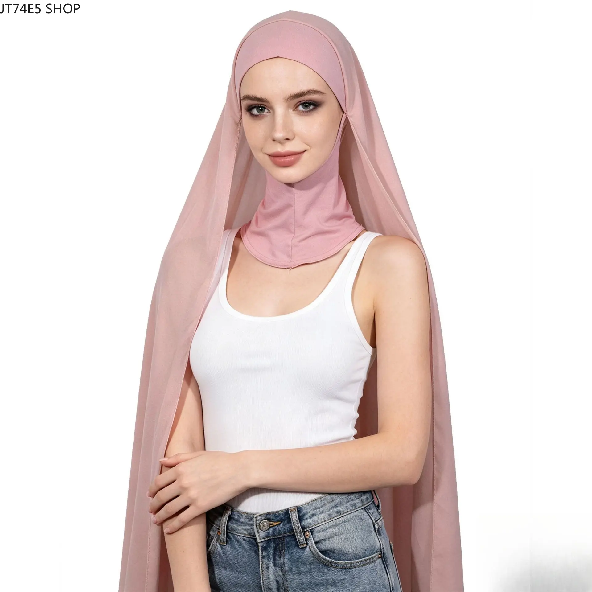 [One-piece] New chiffon scarf, bottom hat set, monochrome pearl chiffon headscarf cover, bottom hat scarf