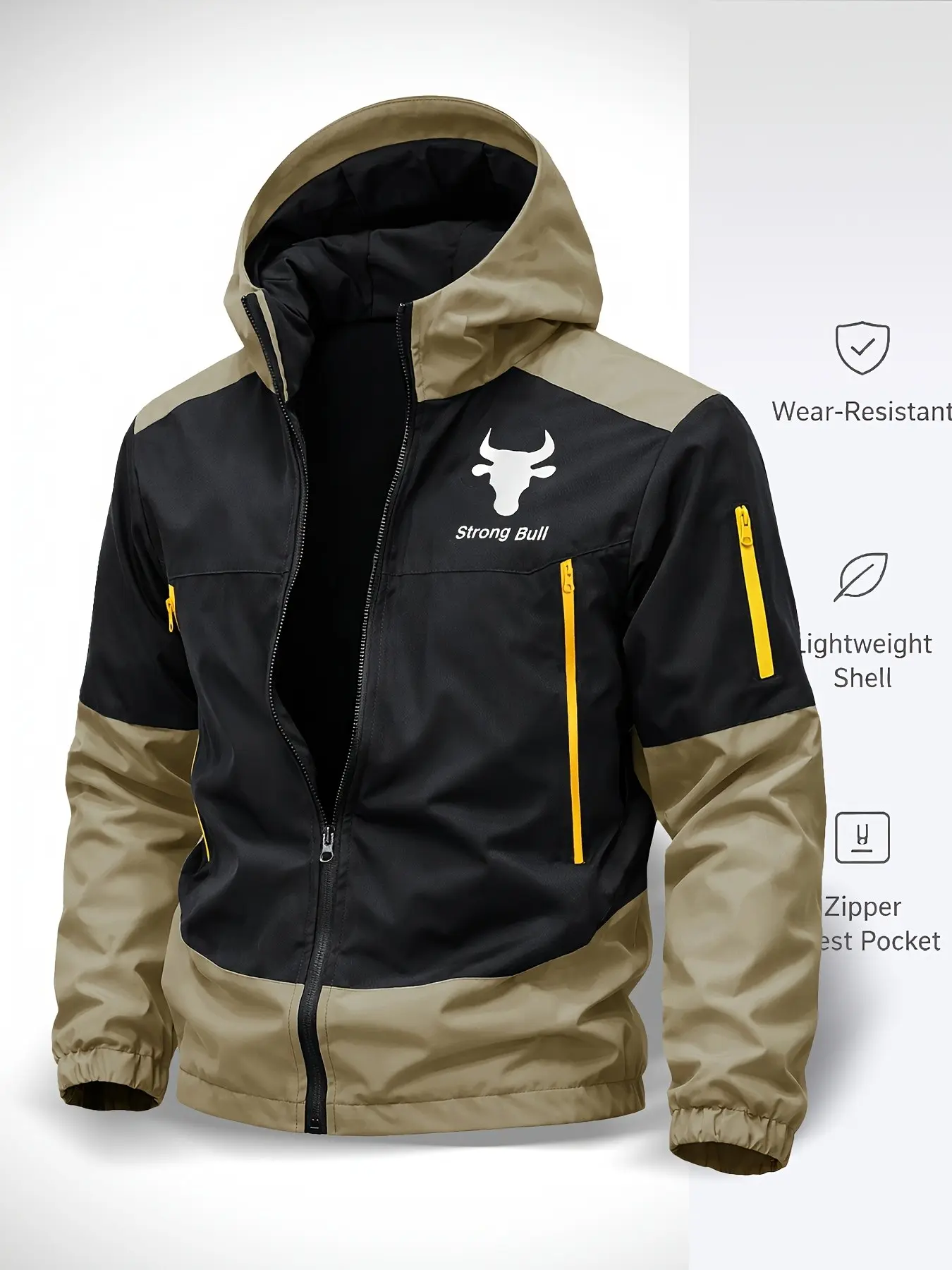 Men's Spring Summer Patchwork Hooded Jacket, Bull Print Windproof Outdoor Activewear Coat, Stylish Fashionable Men's Clothing
