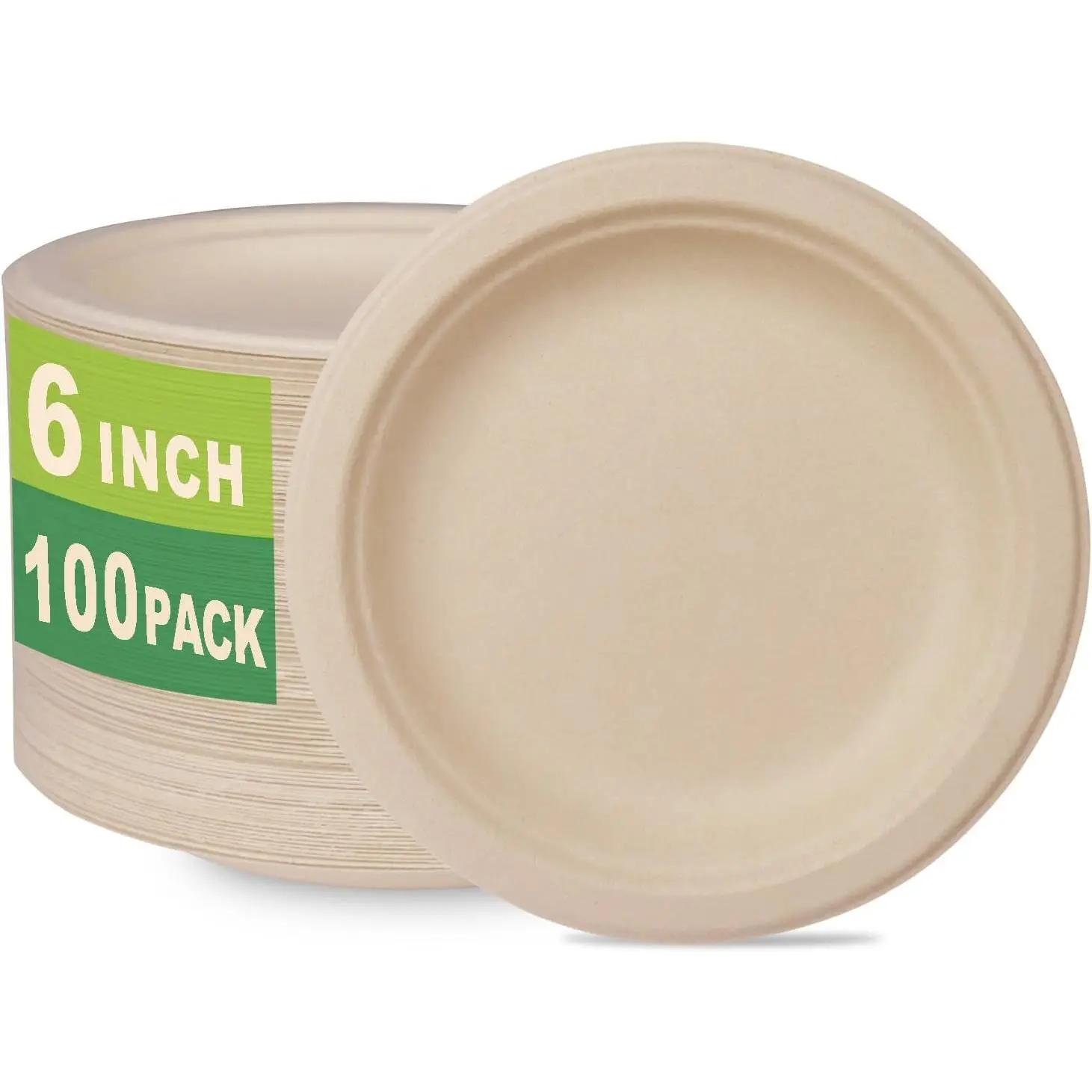 100 Count 6" Small Compostable Dessert Plates, Heavy-duty Unbleached Biodegradable Bagasse and Bamboo fiber Paper Plates