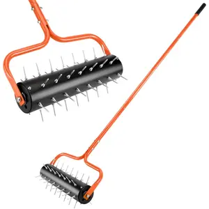 21" Rolling Lawn Aerator, 45 Preassembled Spikes, Only Needs 3-5 Minutes to Assemble, No Looseness,  Package, 75" Long Handle with Quick Clip Connections, U-Shape Construction - Orange.