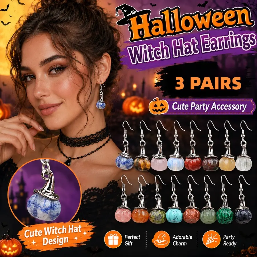 Women's Halloween Pumpkin Shape Dangle Charm Earrings - Natural Healing Crystal Stone Drop Hook Jewelry, Boho Witchy Party Wear Gift