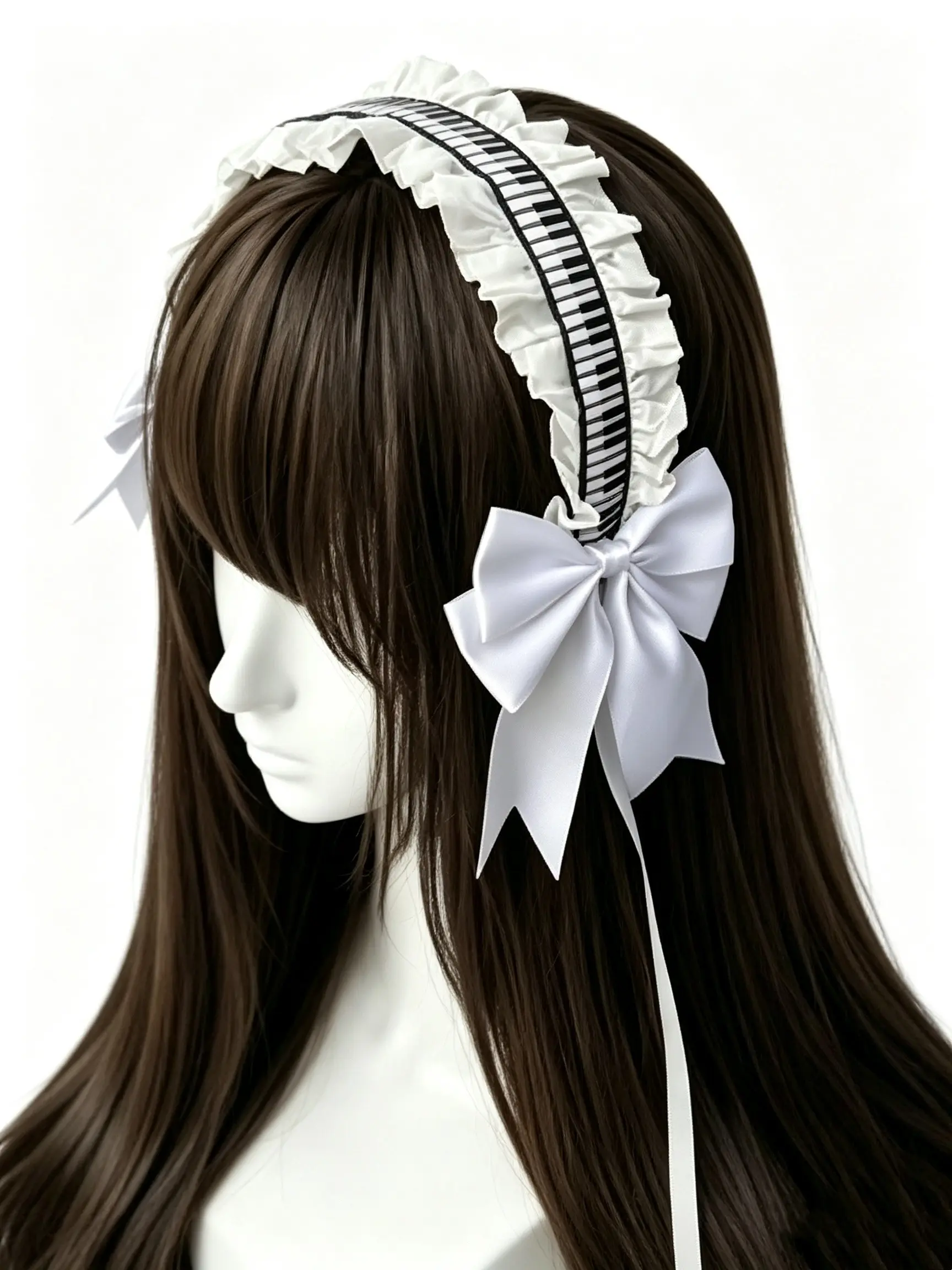 and Piano Pattern Headband, Lace Ruched Hair Tie with Bow, Gothic Maid Style Girl Accessory, Perfect for Daily Wear and Parties