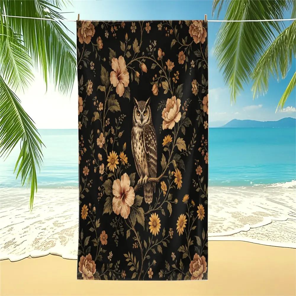 Black Brown Owl Hibiscus Floral Print Beach Towel, Microfiber Quick Dry Oversized Towel, Portable Towel for Retro Lovers for Country Vacation & Spa Trip