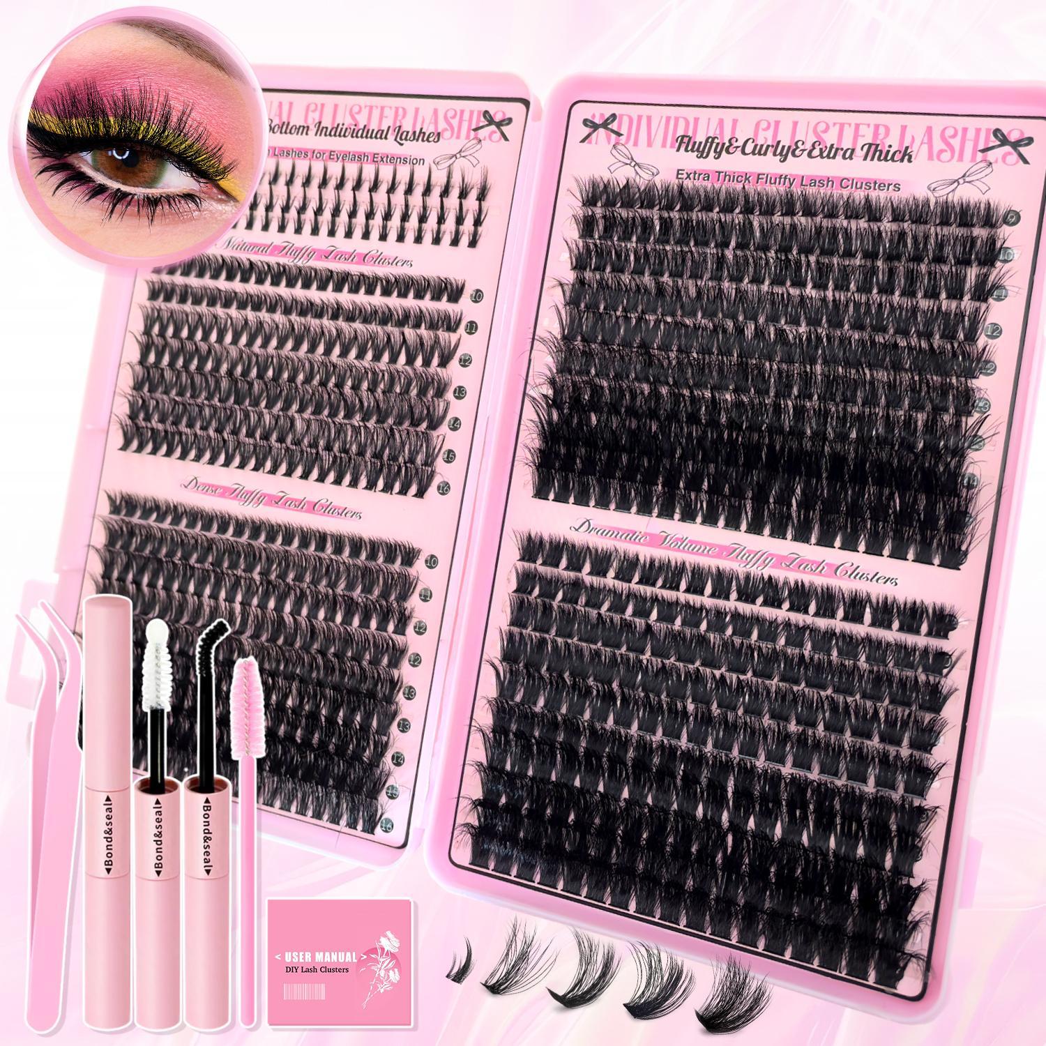 Natural Look Eyelashes Extension Set, DIY Eyelash Extensions, 1 Set Eyelashes Clusters & Lashes Glue & Tweezers & Brush, Eye Makeup Accessories for Women, Eyelash Extension Kit Cosmetic