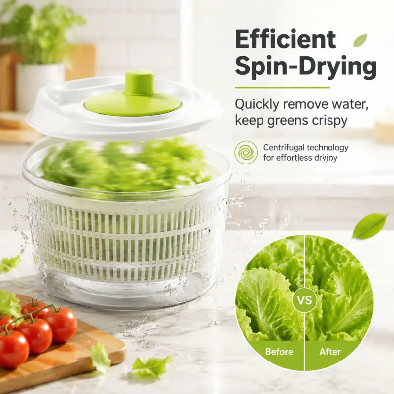 Salad Spinner with Efficient Spin-Drying Function, Centrifugal Technology for Quick Water Removal, Keeps Greens Crispy, Easy to Clean & BPA-Free, Ideal for Home Kitchen Prep