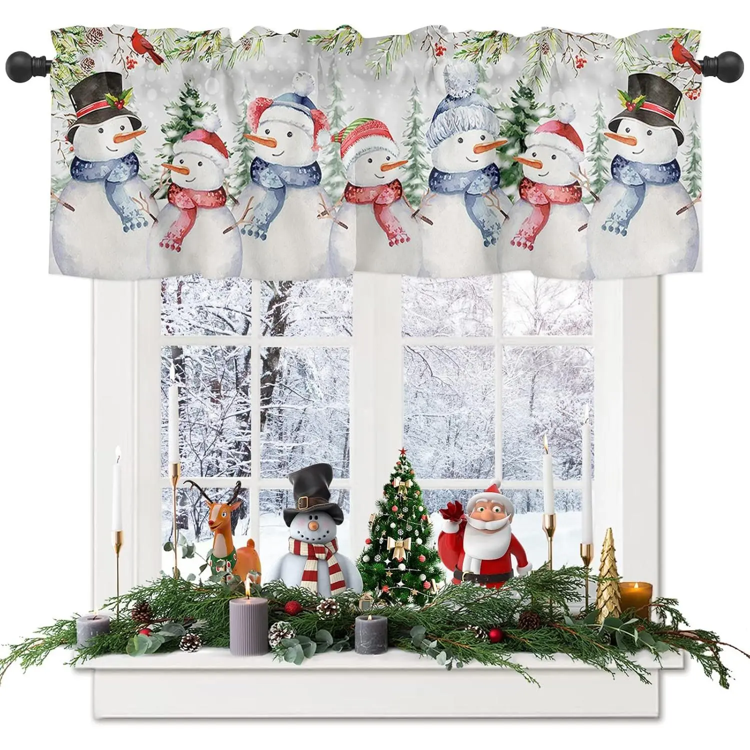 Christmas Kitchen Valances Curtains for Windows Snowman Family with Snow Covered Evergreens and Red Cardinals Rod Pocket Valances for Bathroom Winter Treatments Curtains Xmas Bedroom Decor, 54x18in