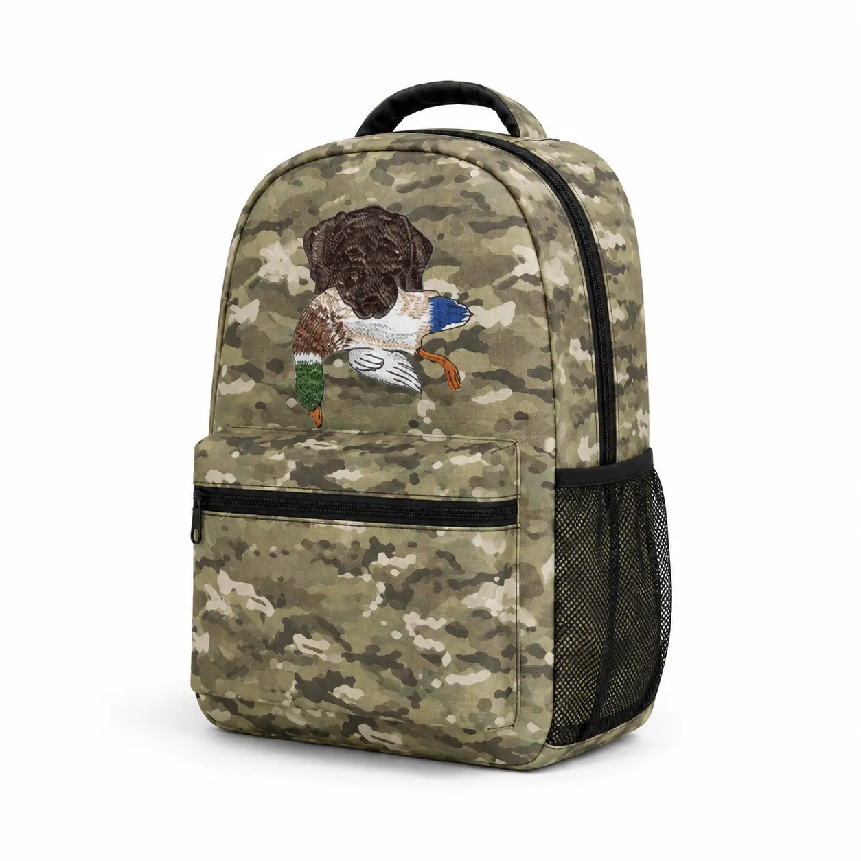 Hunting Dog Camo Backpack, Green Camouflage School Bag with Labrador Duck Graphic, Lightweight Student Bookbag for Mens Womens, Side Mesh Pocket, Front Zipper Pocket and Top Handle, Outdoor Travel Daypack, Back to School Gift for Students