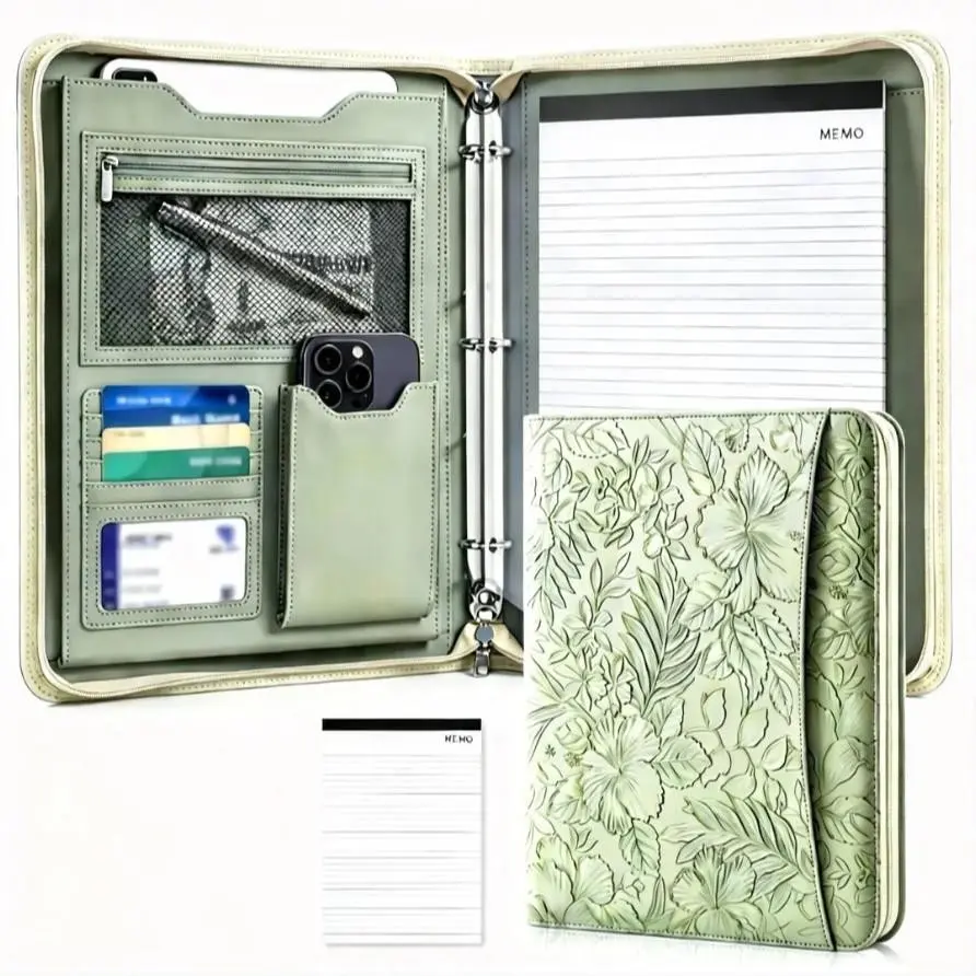 Cross-Border Bestseller Embossed Floral A4 Ring Binder Portfolio Folder, PU Leather Manager File Organizer, Zip Pocket, Multiple Card Slots