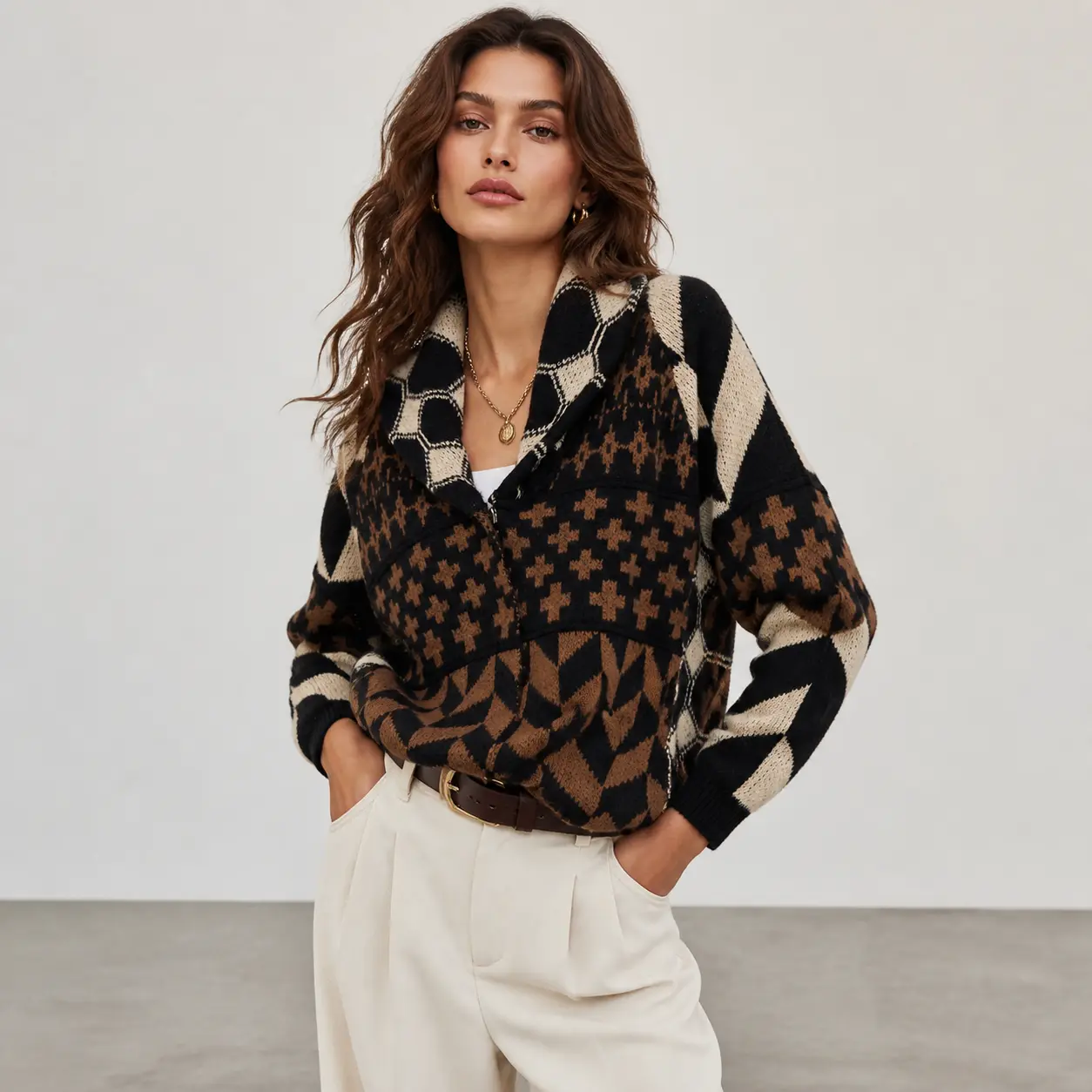 Women's Boho Polyester Knit Cardigan - Geometric Jacquard Print, Shawl Collar, Zip-Up, Drawstring Hem, Long Sleeves, Fashion Clothes for Fall Winter Casual Aztec Tribal Vintage Western Style