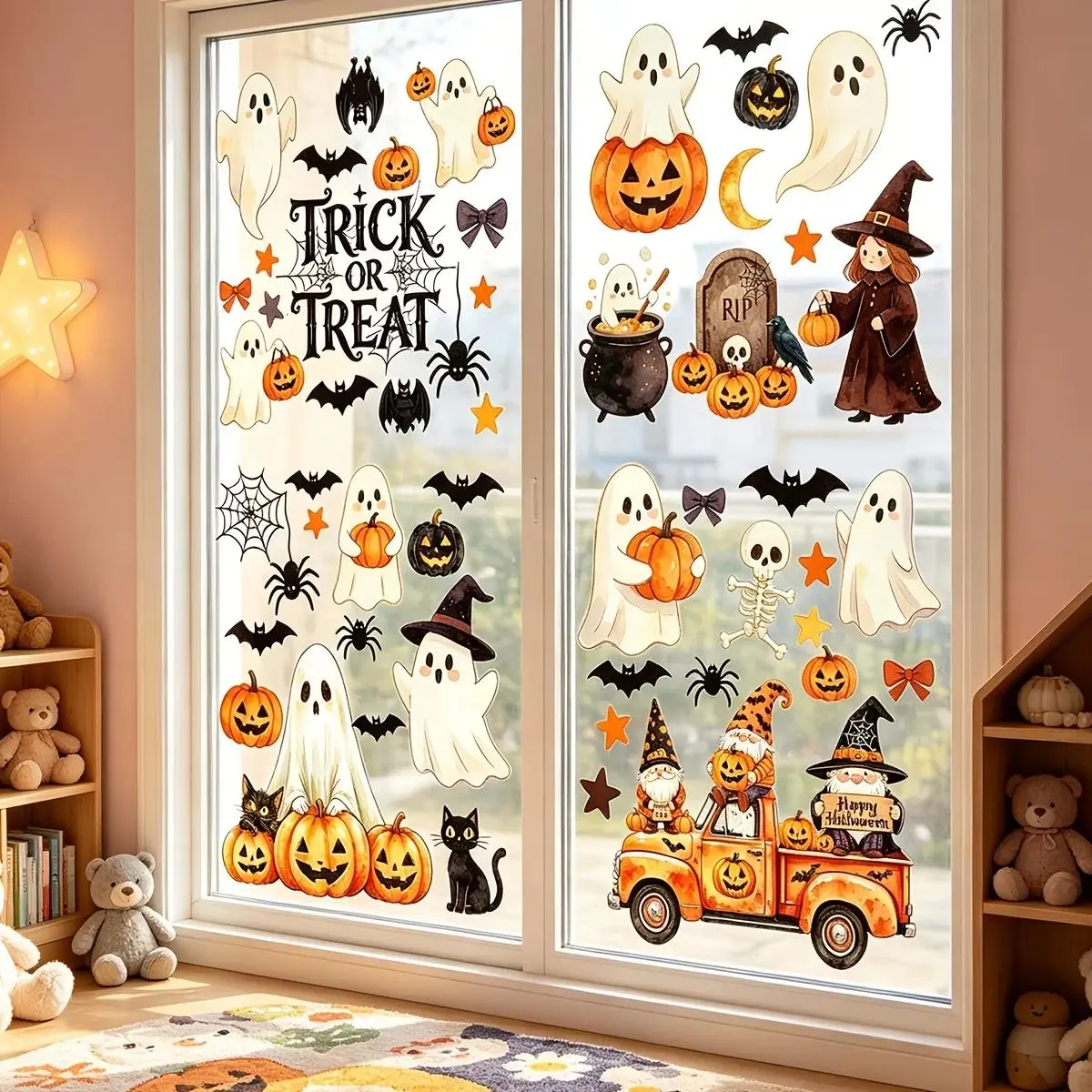 Halloween Window Clings, Halloween Decorations, Indoor Fall Decor Stickers | 6 Sheets of Large Ghost and Pumpkin Window Clings