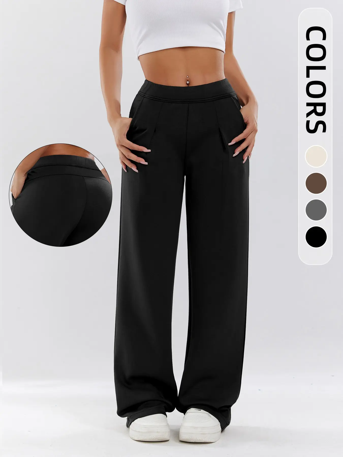 Women's High-Waisted Pocket Straight Leg Pants, Ruched Slimming Flowy Casual Sweatpants, Multi-Color Versatility, Floor-Length Long Pants