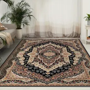 1pc Velvet Area Rug, Black & Gold Traditional Persian Medallion Non-Slip Washable Carpet for Living Room Bedroom Dining Room