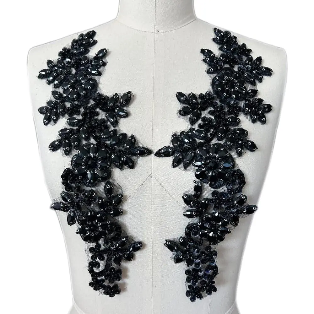 1 Pair Rhinestones Lace Applique Accessories Handsewing Glass Beads Stones Trim Patches for DIY Girl Wedding Dress Decorations (Black)