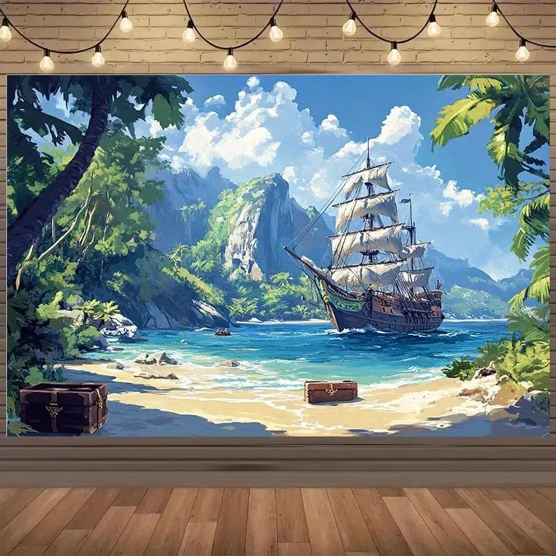 Outdoor Event Decor 1pc 2D Flat Pirate Ship Adventure Polyester Background Fabric - Beach scenes and sailboats, suitable for party backgrounds