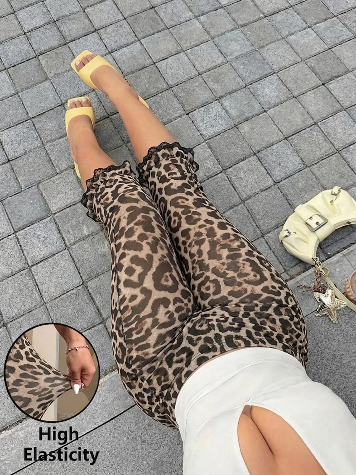 Women's Leopard Print Seven-Eighths Tight Pants, High-Waisted Lace Trim Slim Fit Mid-Length, Nightclub Daily Streetwear