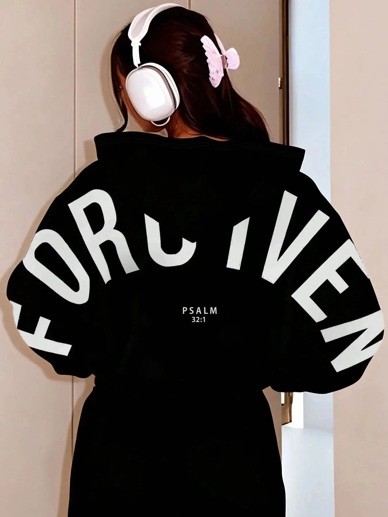 Women’s Graphic Hoodie, Oversized Pullover Sweatshirt with Back Letter Print and Statement Sleeve Design, Casual Streetwear Style