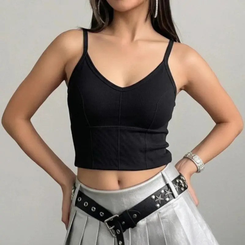 Seamless Ribbed Knit Cami Crop Top V-Neck Tank Top Padded Strappy Bralette Camisole Women Summer Casual Athleisure Tops