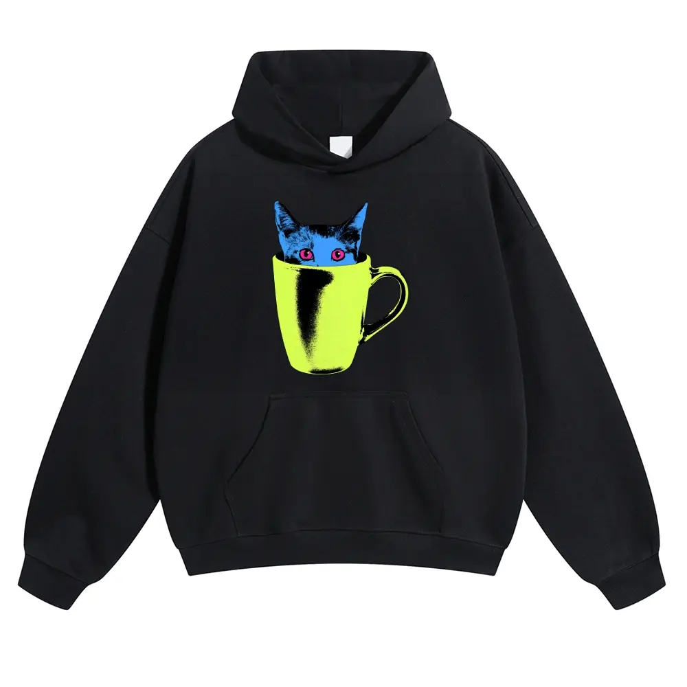 Unisex Pop art style cat hiding inside a coffee cup Graphic hoodie Personalized Pattern Y2k Clothing Round Neck hoodie,Women's Clothing 100% Cotton, Menswear, Top, Vintage Style,Summer Casual Oversized