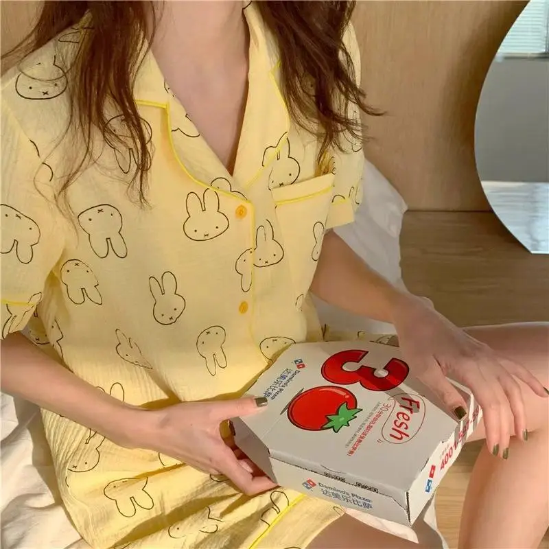 Miffy Sleepwear Kawaii Rabbit Loose Fit Lightweight Breathable Short Sleeve & Short Pant Pajama Set Cartoon Loungewear Outdoor