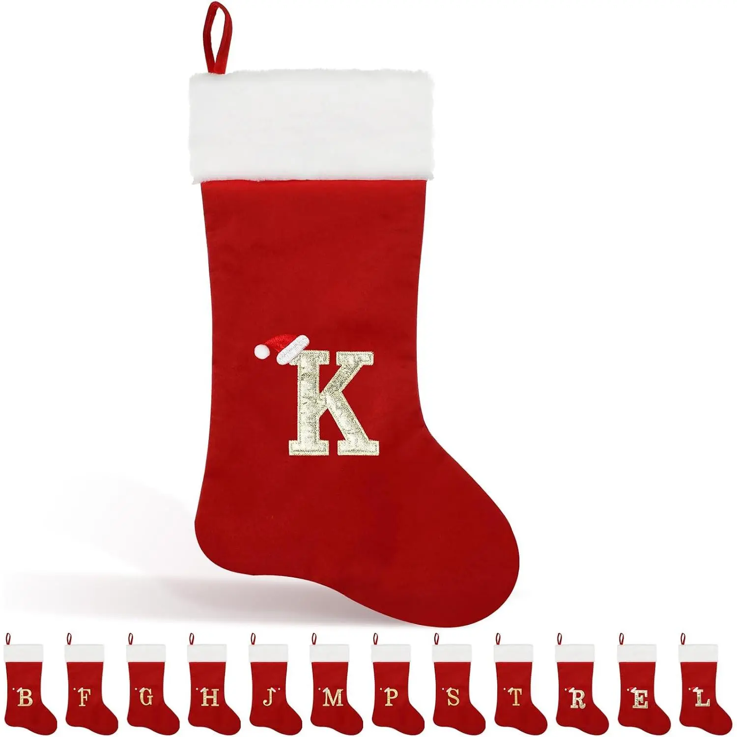 22 Inches Christmas Stocking with Letter Soft Velvet with White Plush Cuff Embroidered Initial Xmas Stockings for Christmas Holiday Fireplace Decoration Gifts (K Letter, Red)