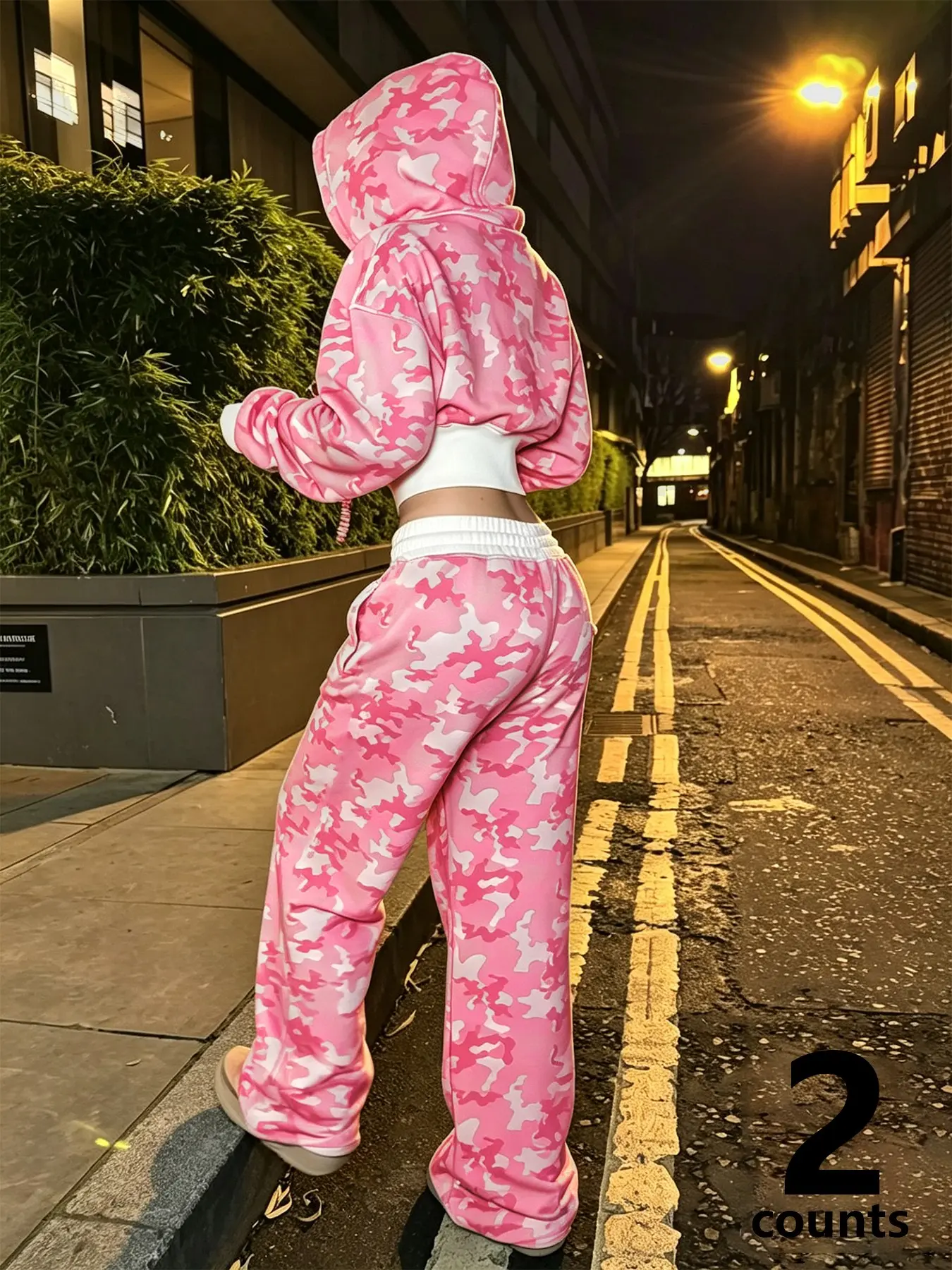 Women's Camo Casual Tracksuit, Cropped Hooded Jacket With Drawstring Wide-Leg Pants, Y2K Street Style Outfit Set, Suitable For Daily Use And Outdoor Night Outfits