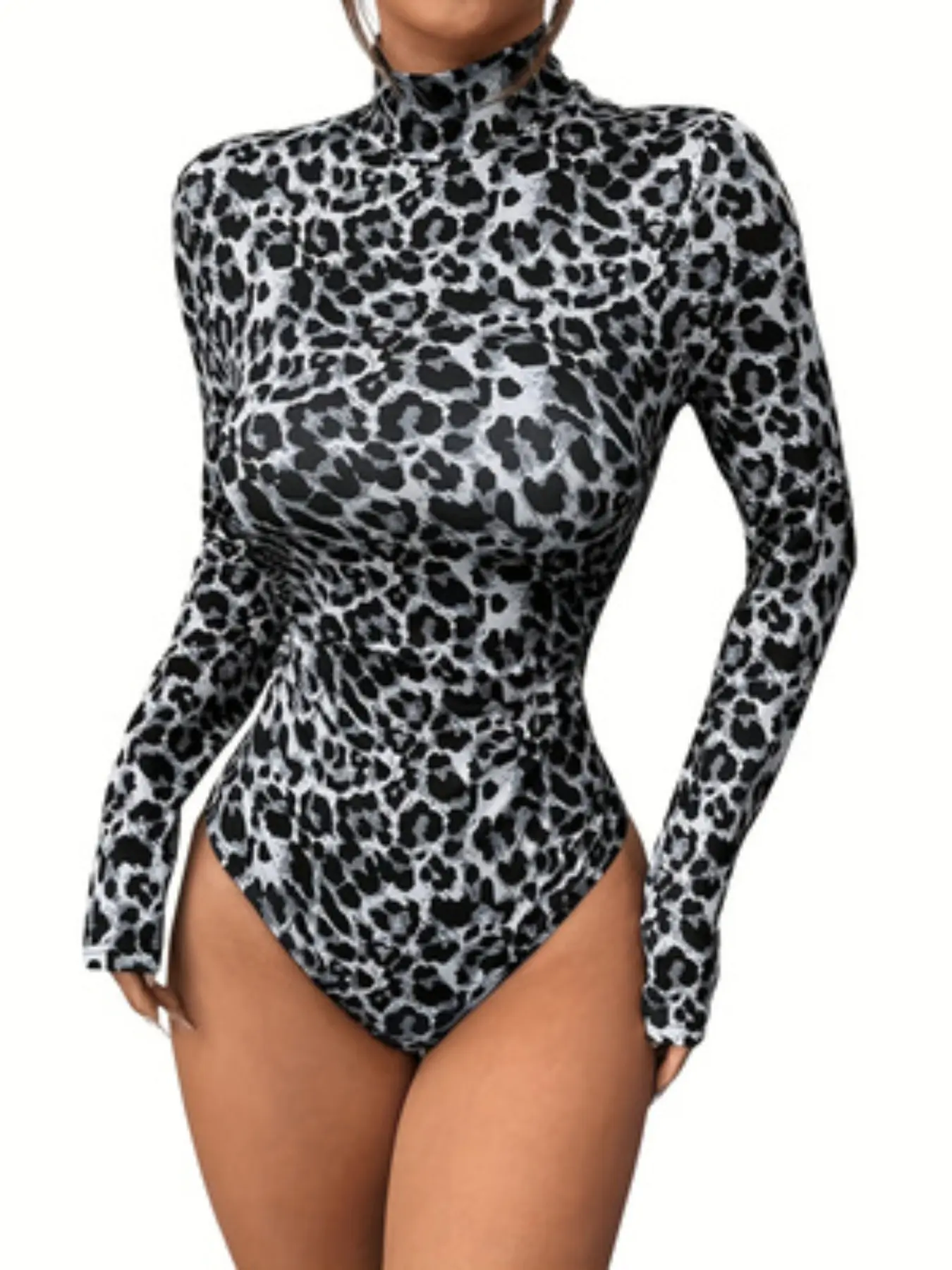 Plus Size Women's Fall Winter High Neck Stretchy Soft Leopard Print Long Sleeve Bodysuit, Two Colors Available, Comfortable Underwear