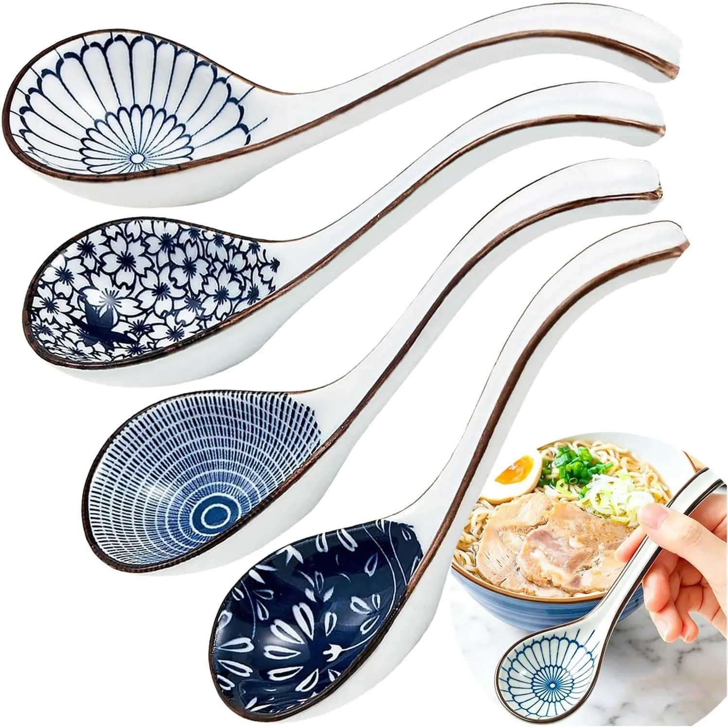 4 count Ceramic Soup Spoons, Spoons  Spoon Chinese Soup Spoon,Porcelain Long Handle Ramen Spoons for Soup Wonton Dumpling Rice Pho Noodle Miso Soup Spoons - Set of 4