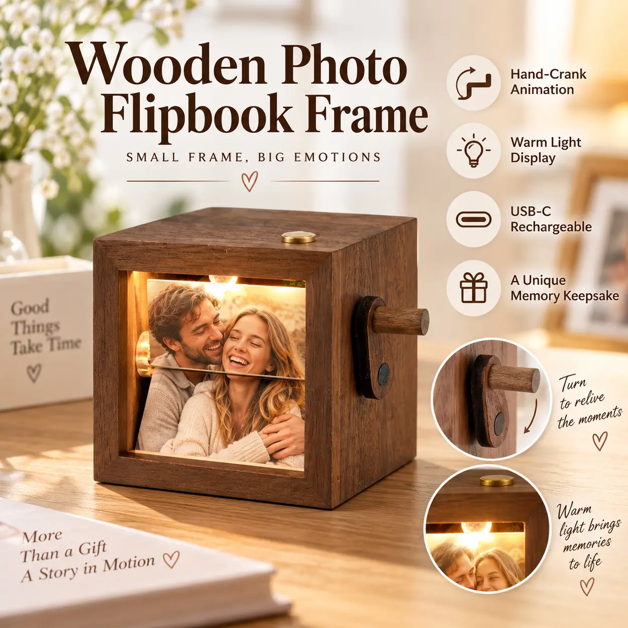 Wooden Photo Flip Book Frame Display Box, Hand Crank Animation Photo Album Machine with Warm Light, DIY Memory Keeper for Family Pictures, Rotating Picture Display Decor, Unique Gift Idea for Couples, Parents, Home Office Decoration, Photo Decorations