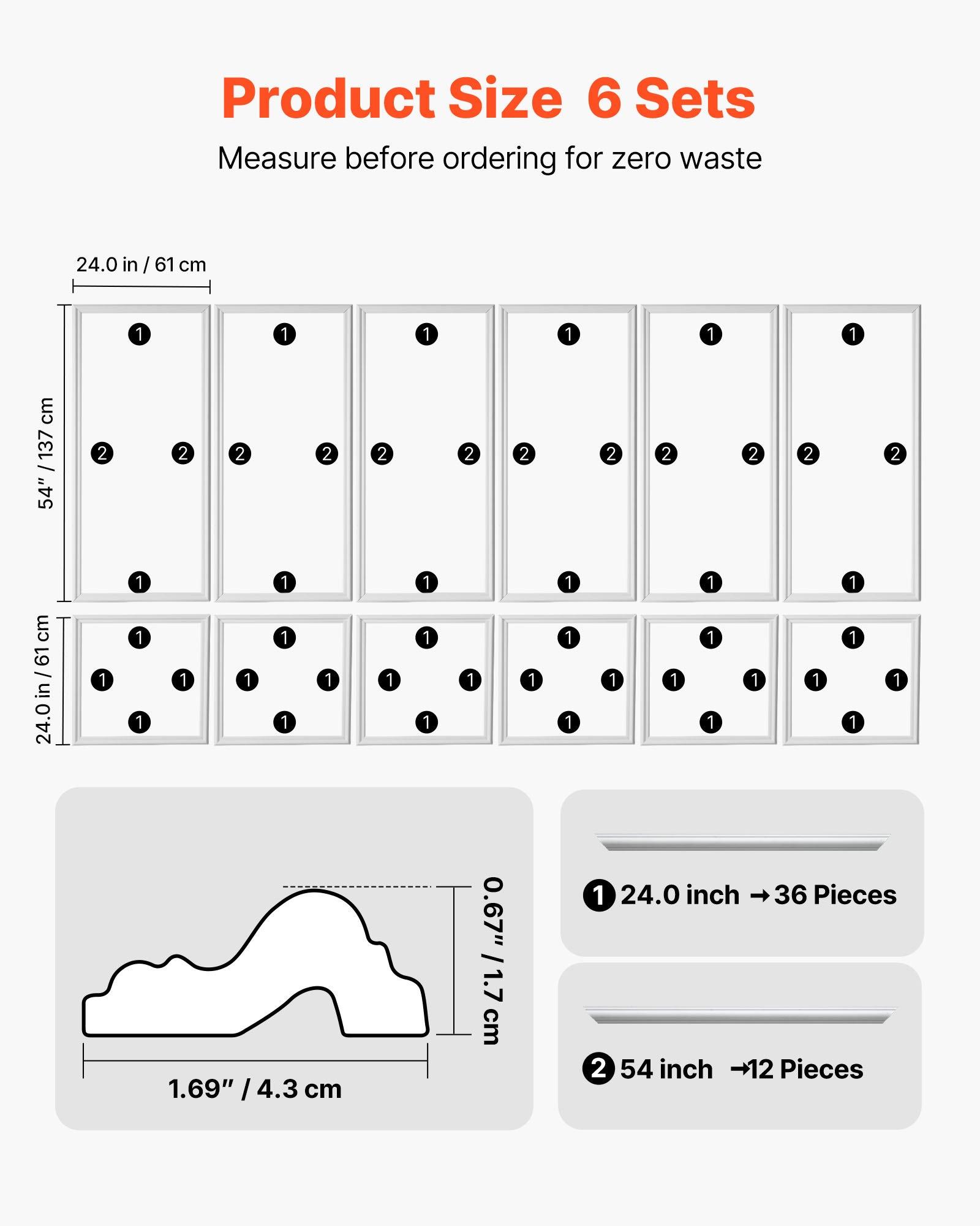 VEVOR Wall Molding 6 Pack, Wainscoting Panels Kit, Lightweight Paintable Polystyrene, Easy to Install, Waterproof Accent Wall Trim for Interior Décor Living Room, Bedroom, White (24x54 + 24x24 in)